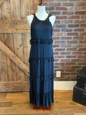 Coco Bianco Black Maxi Dress Sleeveless Tiered Ruffle Lace Trim Boho Size M